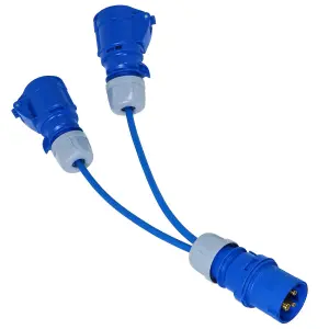 SPARES2GO 16A Splitter Cable 240V Caravan / Motorhome 2 Way Hook Up Y Piece 2 x 16 Amp Sockets (Blue)