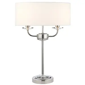 Twin Light Table Lamp Bright Nickel & White Shade Crystal Trim Bedside Feature