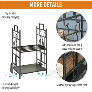 Outsunny 2-Tier Wrought Iron Firewood Holder w/ 4 Tools Handles Heavy Duty Rack