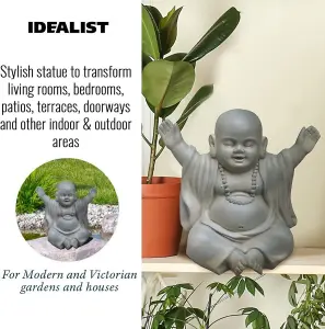 IDEALIST™ Buddha Statue 12.4 Inch Tall, Sage Reinforced Stone Laughing Baby Monk Figurine for Home and Garden L35.5 W25.5 H31.5 cm