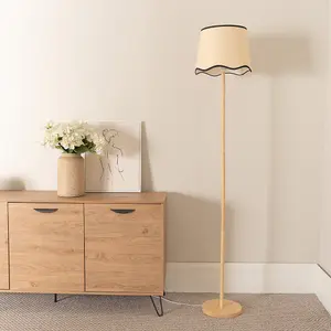 ValueLights Heather Light Wood Single Stem Floor Lamp with Scallop Black Trim Tapered Shade