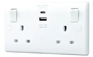 LAP White Double 13A Raised slim Switched Screwed Socket with USB, x2 & White inserts