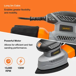 VonHaus Detail Sander - 130W Electric Sander for Wood with Dust Collector, 12PCS Sandpapers - 13000RPM Compact Palm Sander