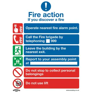 1x Fire Action and Lift Health Safety Sign - 200x250mm Self-Adhesive Vinyl Sticker