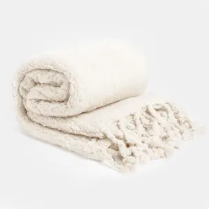 OHS Sherpa Fleece Throw Over Bed Blanket Warm Soft Tassel Winter Sofa, Cream