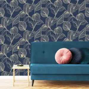 Boutique Royal palm Sapphire Gold effect Leaf Textured Wallpaper Sample