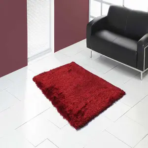 Red Plain Shaggy Handmade Plain Sparkle Rug for Bedroom & Living Room-120cm X 170cm