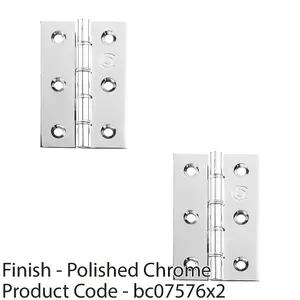 2 PACK - PAIR Double Steel Washered Butt Hinge - 102 x 67 x 4mm Polished Chrome Door