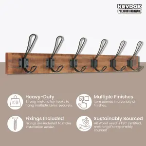 keypak Rustic Wall Mounted Coat Rack, Vintage Double Wire Coat Hooks on Wooden Base, Fixings Included (6 Hooks, Antique Finish)