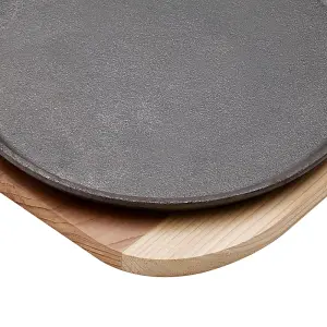 24cm Dia Black Frying Pans Round Cast Iron Grill Pan with 25cm Dia Wooden Tray