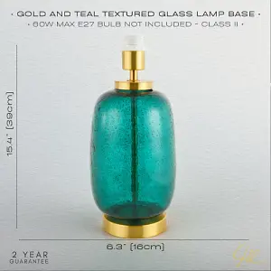 Teal Glass Table Lamp Base with Hammered Stone Effect and Satin Gold Metal Trim