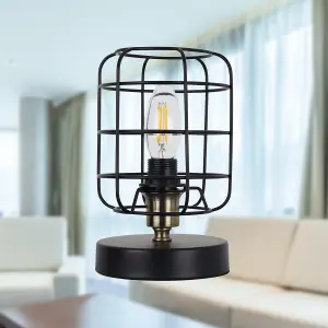 First Choice Lighting Set of 2 Cage Black and Antique Brass Industrial Style Table Lamps