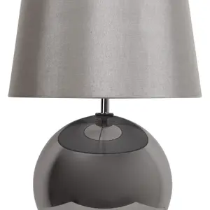 First Choice Lighting Ball Smoked Glass Table Lamp with Grey Fabric Shade