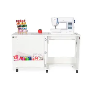 Compact White Sewing Machine Cabinet with Lift Mechanism