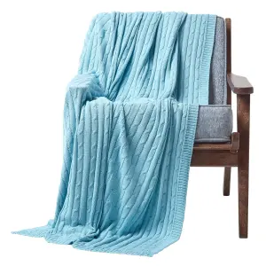 Homescapes Cotton Cable Knit Pastel Blue Throw, 150 x 200 cm