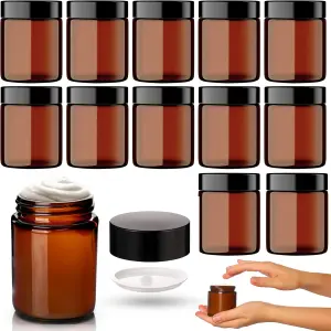 Amber Glass Jars 12 Pack - 180ml Travel Cosmetic Containers with Lids, UV Protection for Lotion, Powder & Cream