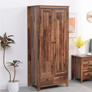 FurnitureHMD 2 Doors 2 Drawer Wardrobe Wooden Bedroom Storage Hanging Bar Clothes Organiser