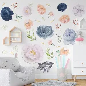 Walplus Pink and Blue Watercolour Flowers Wall Stickers Mural Decal