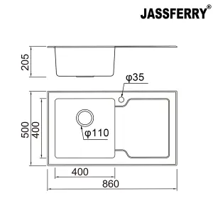 JASSFERRY White Glass Top Kitchen Sink Stainless Steel Single Bowl Right Hand Frosted Drainboard, 860 x 500 mm