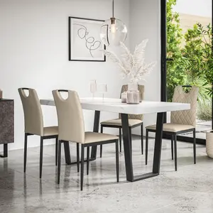 Aria Dining Table And Chairs -  White Marble Effect Table Top w Black Legs + Monza Faux Leather Dining Chair Set Of 4 (Beige)