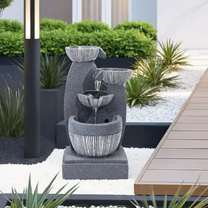 4 Tier Rockery Waterfall Decoration Solar Powered Outdoor Water Feature Fountain with LED Lights 47cm