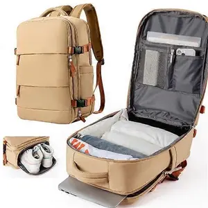 Waterproof Travel Backpack Airplane Carry On Backpack Large Capacity Multi-Function Luggage Lightweight Fit 17Inch Notebook 17.3Inch Khaki