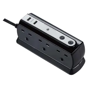 Masterplug Surge Black 6 socket Extension lead with USB, 2m