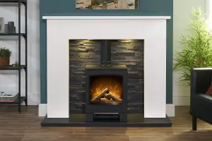 Acantha Toledo White Marble Fireplace with Lunar Electric Stove in Charcoal Grey & Downlights, 54 Inch