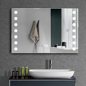 Modern Rectangular Lighted Bathroom Mirror Wall Mirror with Clock and Shaver Socket 800 x 600 mm