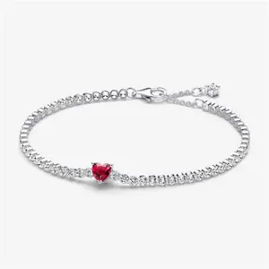 Pandora Red Sparkling Heart Tennis Bracelet - Sterling Silver / Mixed Stone / Red - Sz. 18 cm