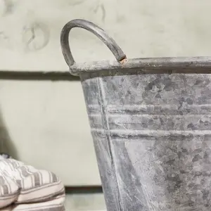 Vintage Grey Galvanised Trough Bucket Flower Pot with Handles Embossed Outdoor Garden Planter