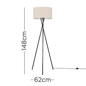 ValueLights Camden Modern Gloss Black Metal Tripod Floor Lamp with Beige Cylinder Shade - Includes 6w LED Bulb 3000K Warm White