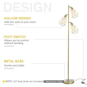 HOMCOM Industrial Steel Birdcage Floor Lamp w/ 3 Lights Round Base Switch Gold