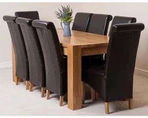 Kuba 180 x 90 cm Chunky Oak Dining Table and 8 Chairs Dining Set with Montana Brown Leather Chairs