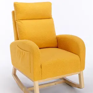 Mid Century Modern Teddy Fabric Upholstered Rocking Chair Padded Seat For Living Room Bedroom, Yellow