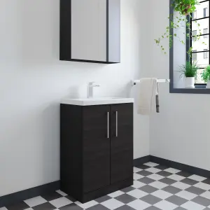 Compact Floor Standing 2 Door Vanity Basin Unit with Ceramic Basin - 600mm - Woodgrain Charcoal Black