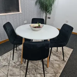 Dining Table Set Of 4 Round White Dining Table And 4 Black Velvet Tufted Chairs For Kitchen Room Dining Room