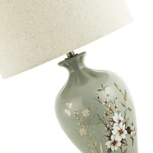 Traditional Ceramic Lamp Base in Dusty Duck Egg with Foliage and Floral Decor