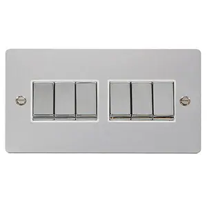 Flat Plate Polished Chrome 10A 6 Gang 2 Way Ingot Light Switch - White Trim - SE Home