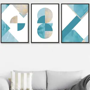 Set of 3 Abstract Aqua Blue Mid Century Geometric Wall Art Prints / 50x70cm / Black Frame