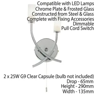 LED Twin Wall Light Modern Chrome Arm & Frosted Oblong Glass Shade Lamp Lighting