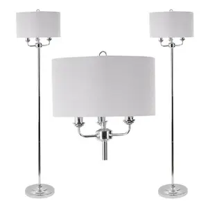 First Choice Lighting Pair of 3 Light Chrome Floor Standard Light with Grey Fabric Shade