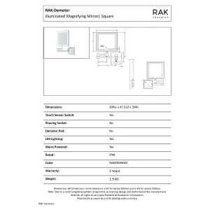 RAK Demeter 258x320mm Chrome Square Touch Sensor Illuminated Mirror IP44