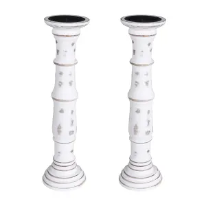 SET OF 2 Rustic Antique Carved Wooden Pillar Church Candle Holder, Antique White,Extra Large 45cm