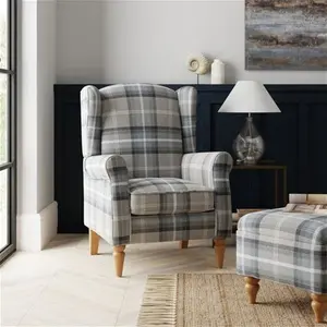 Dunelm Oswald Check Wingback Armchair, Country, Grey Oswald Wingback, Textured Weave Fabric