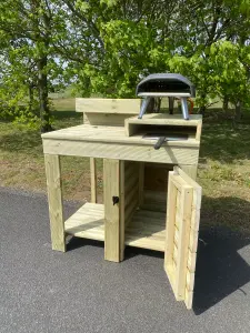 outdoor pizza oven table with built in cupboard storage, raised pizza stand and planter top