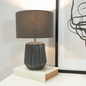 ValueLights Zak Pair of - Charcoal Grey Textured Ceramic Bedside Table Lamp with Drum Shade