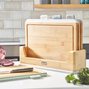 Cooks Professional Bamboo Index Chopping Boards with Stand, Wood Cutting Boards Veg, Meat & Fish