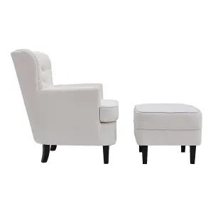 Off White Velvet Upholstered Occasional Armchair Studded Design Accent Chair with Ottoman Footstool