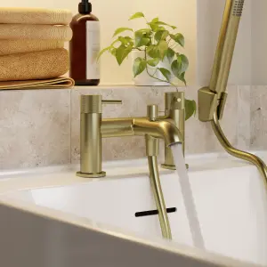 GoodHome Owens Satin Brass effect Deck-mounted Bath mixer tap with shower kit